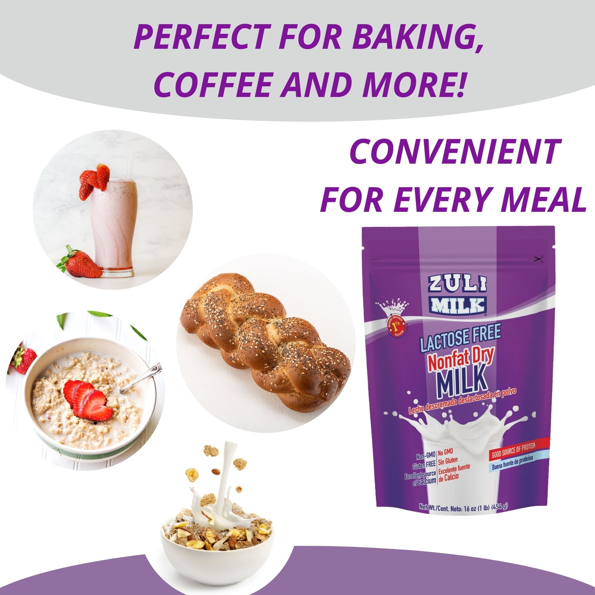Zuli Milk Nonfat Dry Milk Powder, Original Flavor, Fat Free, Lactose Free, Non-GMO, rBST-Free, 16 oz, pack of 3