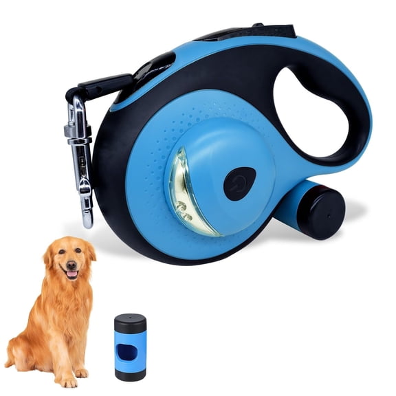 Upgraded 4in1 26 ft Retractable Dog Leash with LED Light, Dispenser, Heavy Duty Leash for Medium to Large Dogs up to 110 lb, Sturdy Nylon Straps, 360° Anti-tangling, One Hand Brake(Blue)