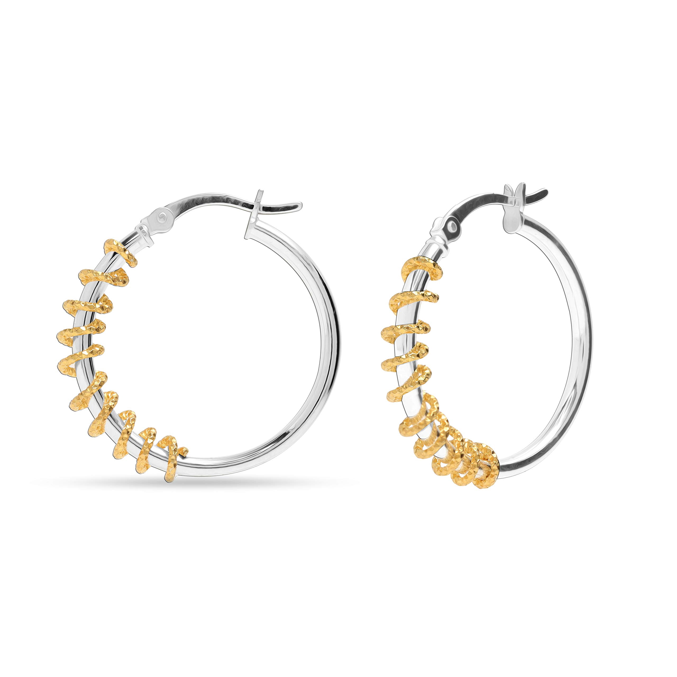LeCalla 925 Sterling Silver Two-Tone Diamond-Cut Click-Top Hoop Earring for Women and Teen Jewelry Gift 27MM