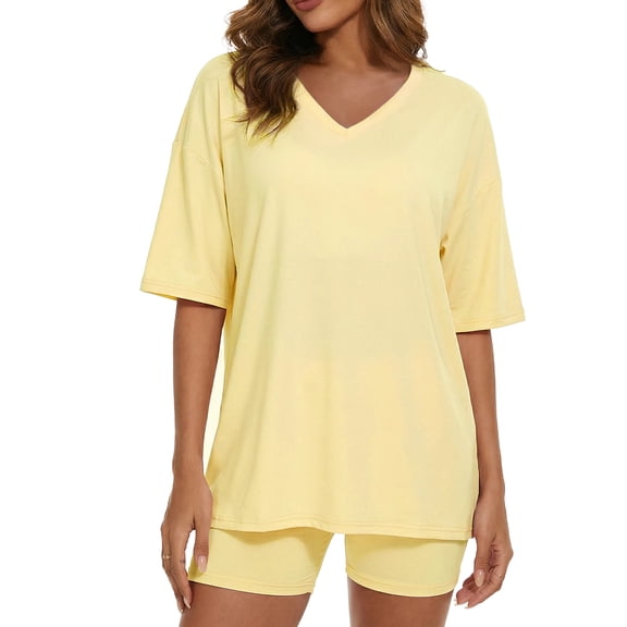 Gingprous 2 Piece Lounge Set for Women Oversized Tshirts with Shorts Casual Tops V Neck Summer Outfits