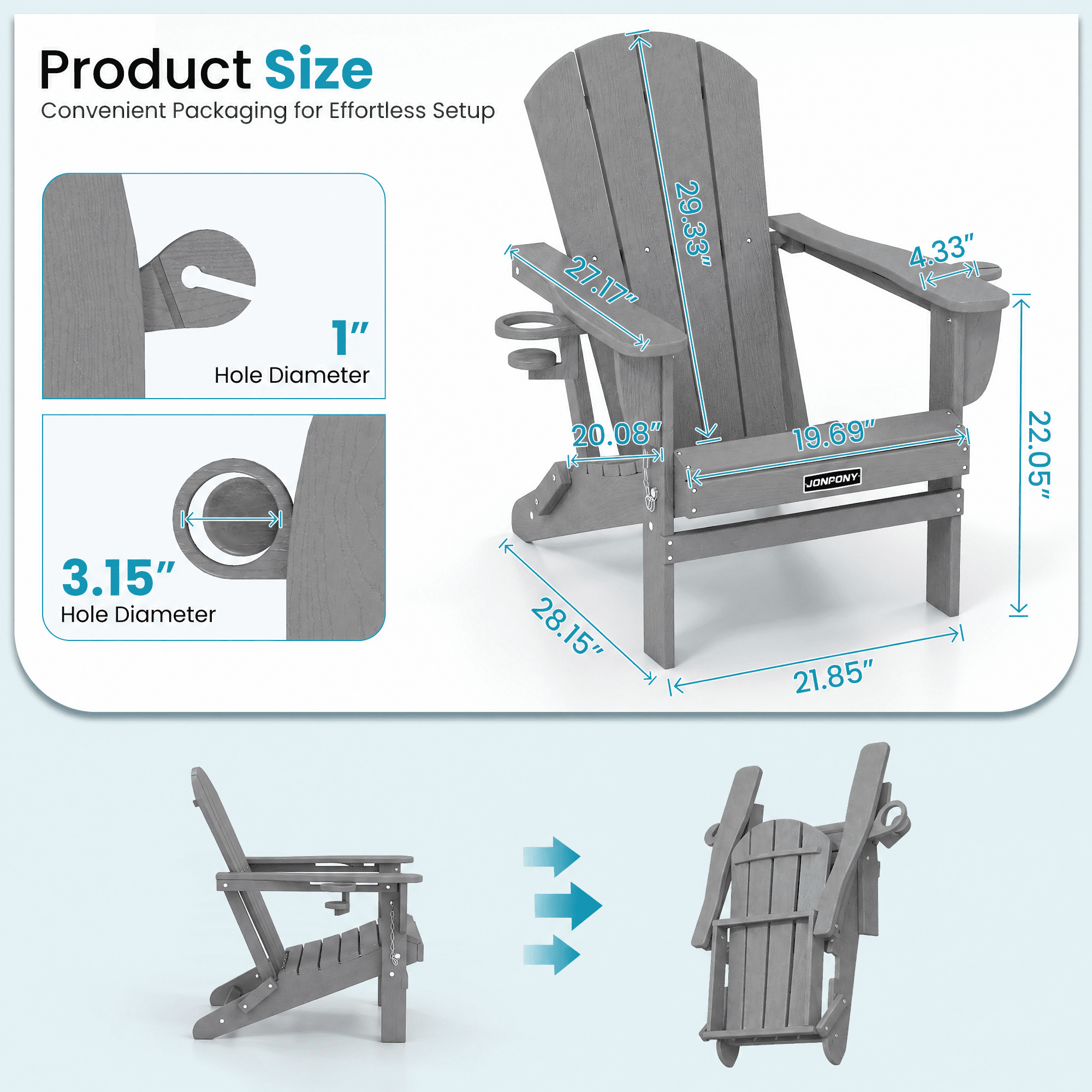 JONPONY Folding Adirondack Chair - HDPE All-Weather Outdoor Chairs, Patio Chairs Outdoor Wood Like Adirondack Chair for Backyard, Camping, Pool & Fire Pit,Grey