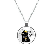 OWNMEMORY Black Cat with Halloween Style Pattern Stunning Circular Glass Pendant Necklace  Exquisite Jewelry for Elegant Necklaces Collection