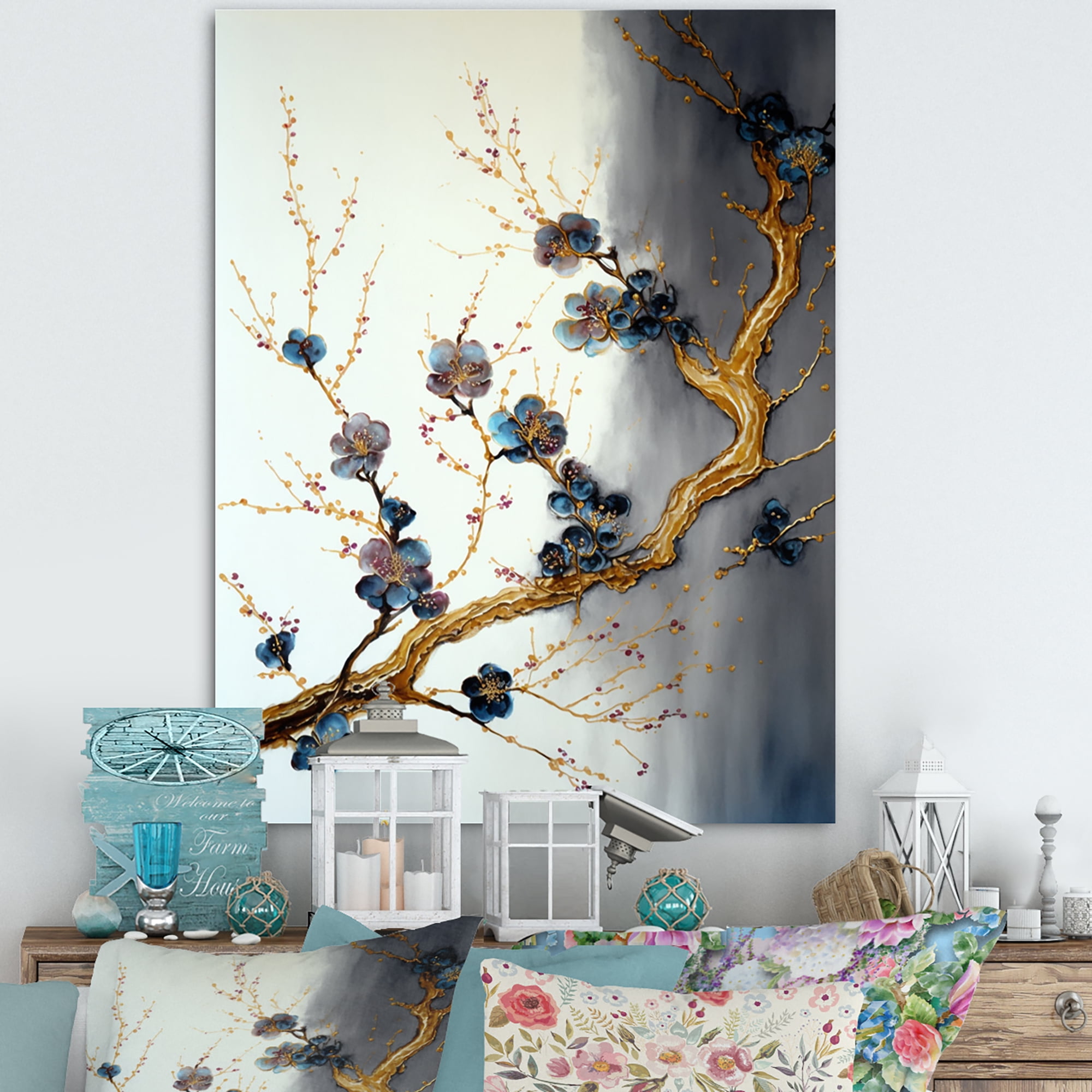 Designart Blue Cherry Blossom Branch VII Canvas Wall Art