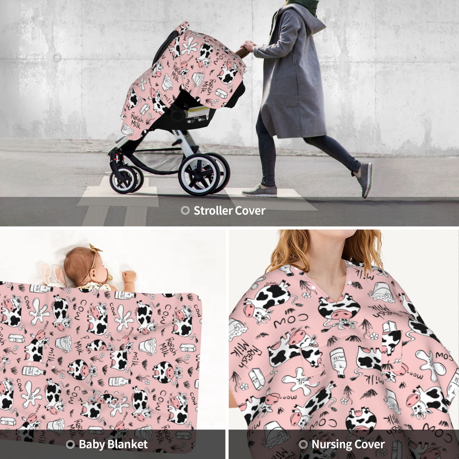 Car Seat Cover Baby - Funny Cute Cartoon Milk Cow Breathable Infant Car Seat Cover for Baby Carseat, Lightweight Comfort Baby Essentials Must Haves Newborn Stuff for Girl Boy