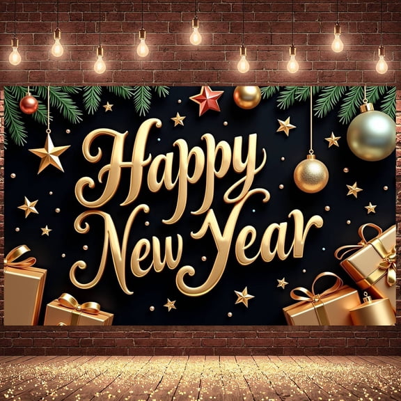 Gold Theme Happy New Year Banner Festive New Year Display Star Pattern Gift Box Design Festive Backdrop for New Year Party Holiday Celebration Indoor Decoration
