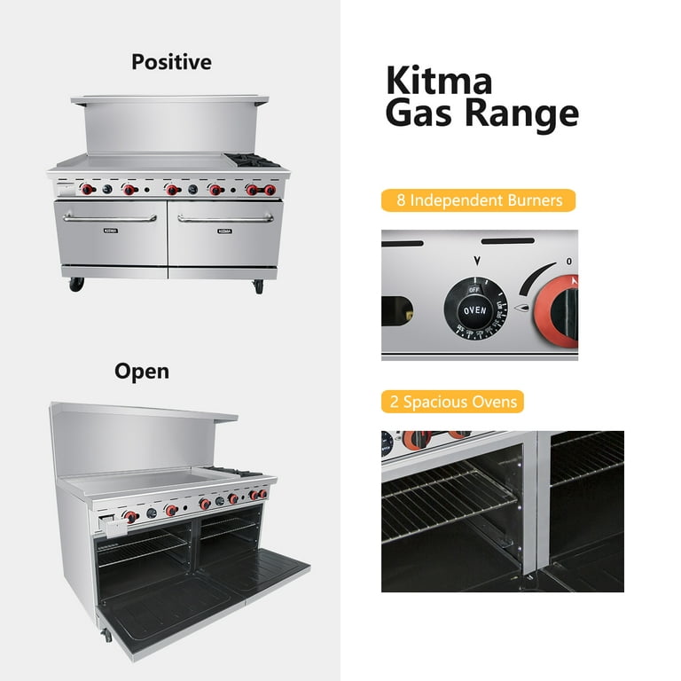 Heavy Duty 60''Gas 2 Burner Range With 48'' Griddle and 2 Standard Ovens -  Kitma Natural Gas Cooking Performance Group for Kitchen Restaurant, 206,000  BTU 