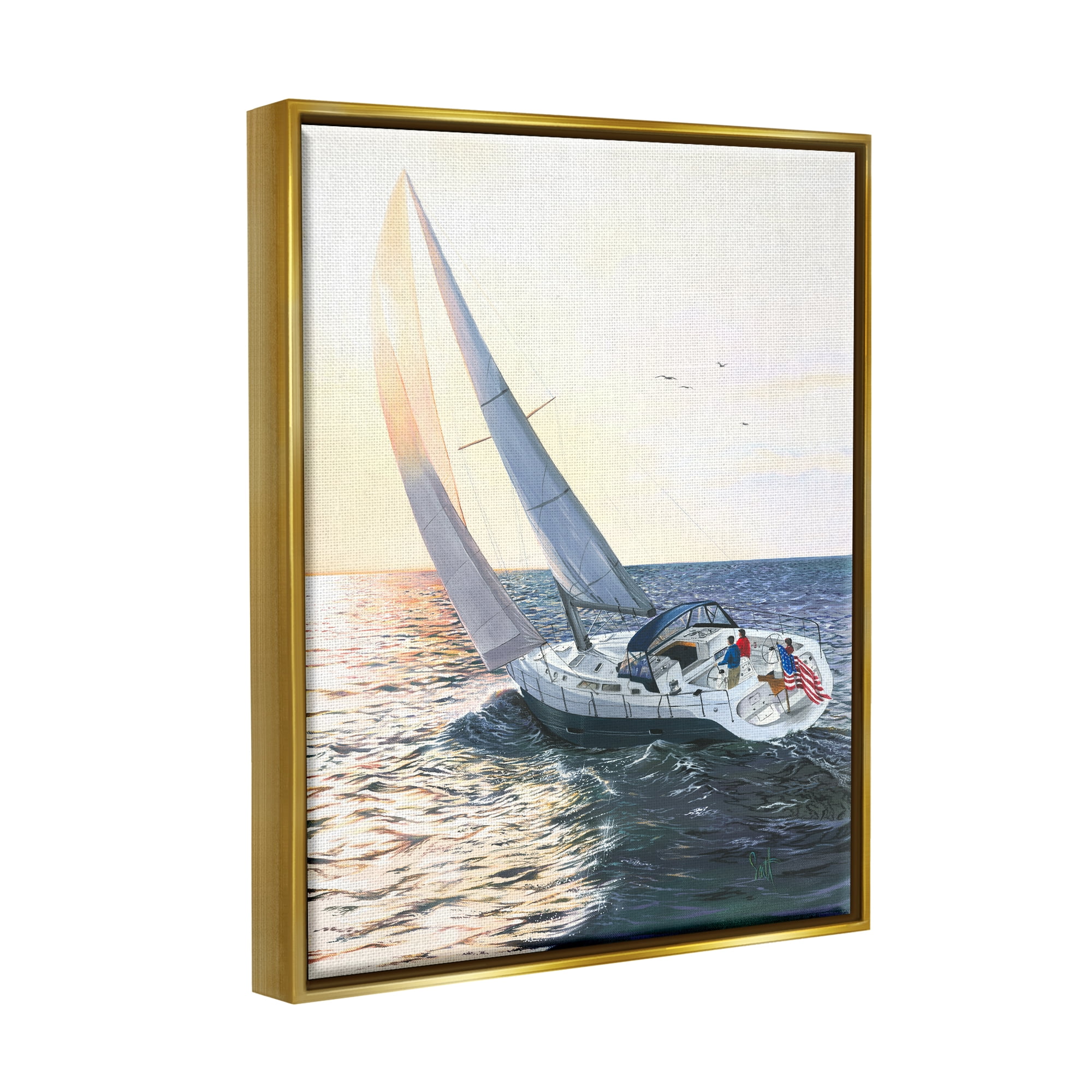 Stupell Industries Boating at Sunrise Transportation Painting Gold Floater Framed Art Print Wall Art, 17 x 21
