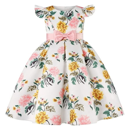 

TIREOW Lightweight Girl Dress Girls Fly Sleeve Floral Printed Dress Bowknot Poncho Holiday Party Round Neck Dresses Stylish Beautiful Ceremonial Dress(4-5 Years Pink)