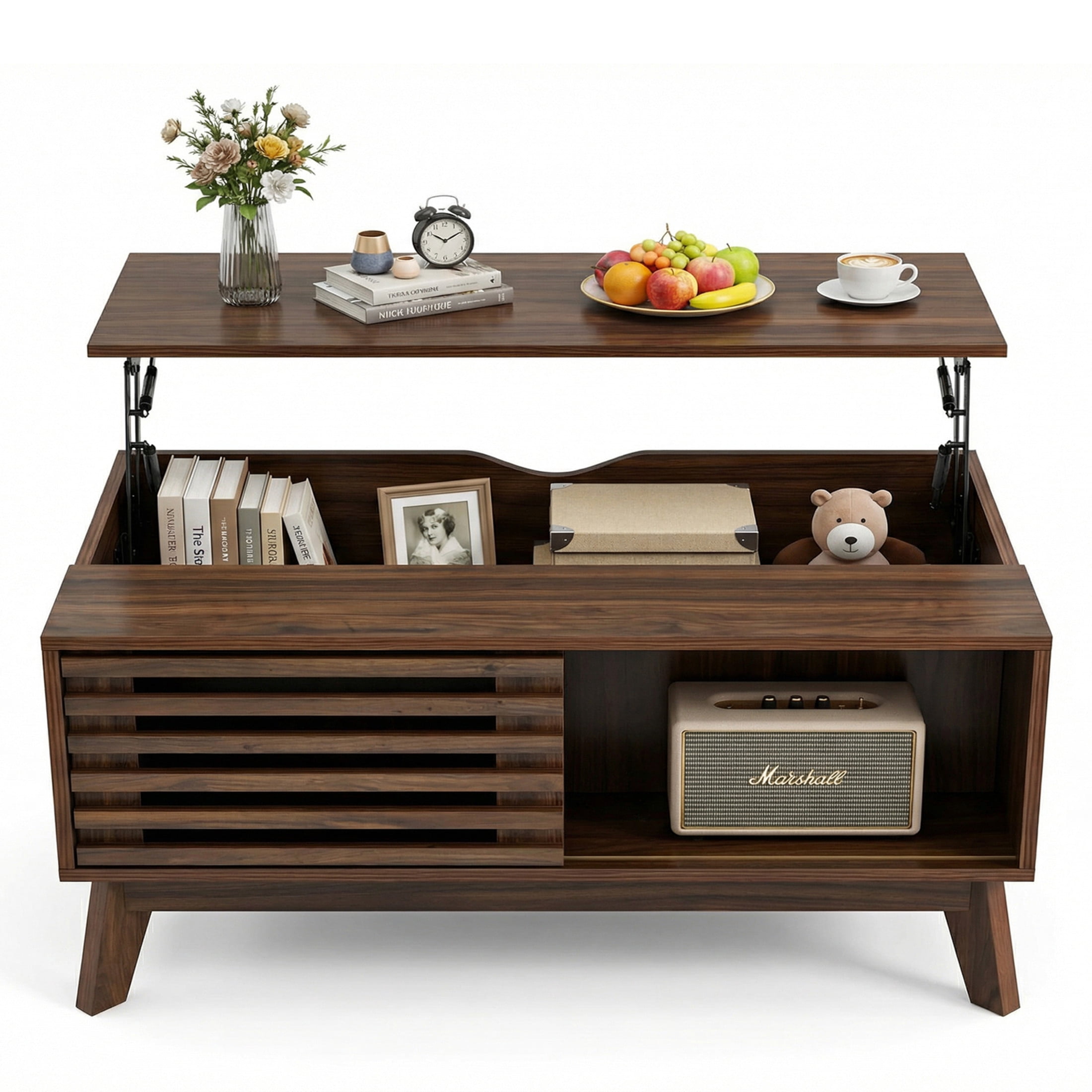 Noble House 35" Lift Top Coffee Table with Hidden Storage, Mid-Century Table with Slatted Sliding Door, Walnut