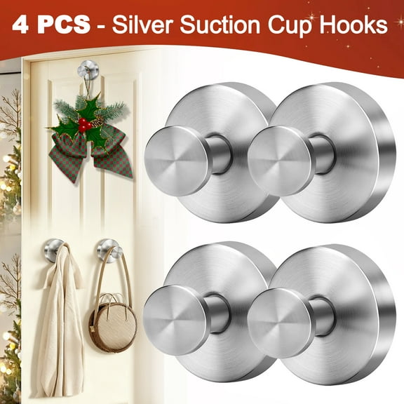 4 PCS - Silver Suction Cup Hooks for Shower Waterproof , No Drill Stainless Steel Towel Hooks for Bathroom Wall, Kitchen, Glass, Mirror, Tile - Ideal for Hanging Towels, Robes, and Loofahs