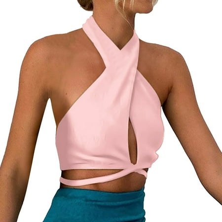 QYZEU Cute Tops for Women Trendy Summer Solid Vest Tank Sleeveless Slim Hanging Neck Backless Tops Bodysuit Cotton Comfortable Breathable Soft Lightweight Tops Pink L