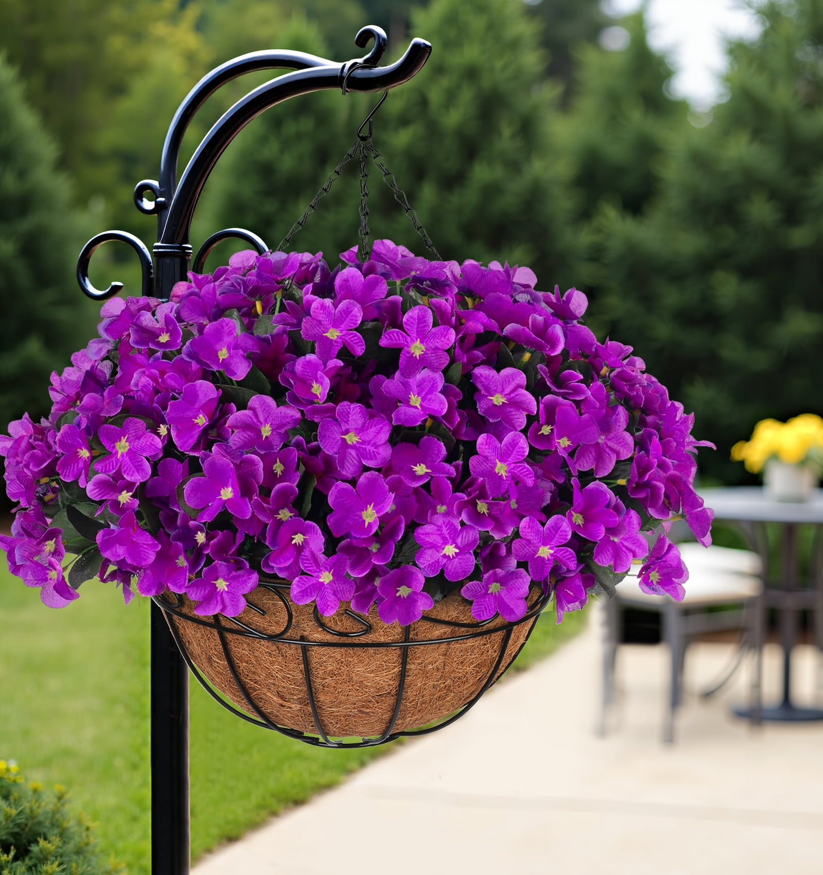 Scidweet Artificial Hanging Flowers with 12" Basket for Outdoors, Fake Flowers Faux Hydrangea for Spring Summer Outside Indoor Home Garden Decoration, Purple
