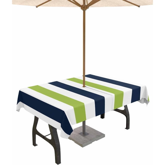 Outdoor Tablecloth with Umbrella Hole and Zipper Navy Blue Green Stripes Tablecloths 60x84 Waterproof Outside Table Cloths Contrast Striped Patio Table Cloth Cover for Outdoor Tables Garden