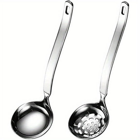 Soup Ladle Metal Stainless Steel Ladles Spoon And Slotted Colander Spoon Set Small Soup Ladle With Holes Strainer Scoop Ladles For Serving Gravy Hot Pot Or Restaurant,2 Piece Set Utensils Kitchenware