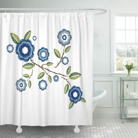 PKNMT Patch Vintage Flowers Pattern Peonies White Ethnic Neckline Wearing Site Bathroom Shower Curtain 66x72