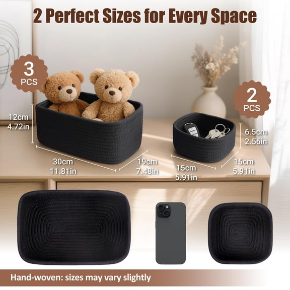 Black 11.81*7.48*4.72'' & 5.91*5.91*2.56'' 5-Pack Woven Rope Storage Baskets