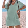 thumbnail image 5 of Swimsuit Coverup for Women Waffle Knit V Neck Short Sleeve Beach Coverup Dress with Pockets Bean Green XXL, 5 of 8