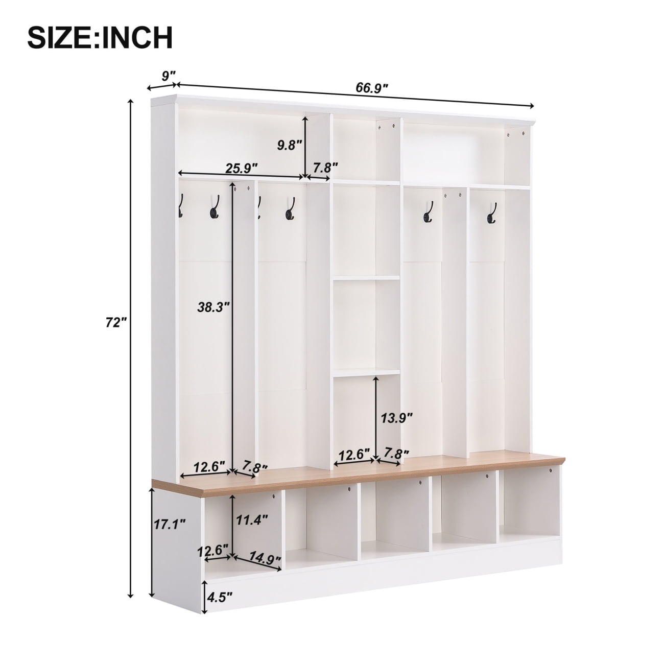 72 Hall Tree with Bench and Shoe Storage Entryway Bench with Cube Storage Shelves Multifunctional Storage Cabinet Coat Rack with 8 Hooks for Hallway Bedroom White Walmart
