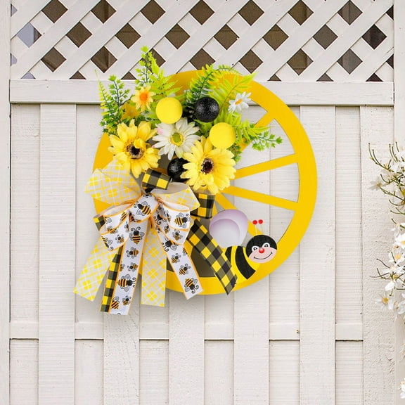 Clearance! Spring Yellow Flower Wreath Simulation Bow Knot Wreath Creative Wooden Wheel Decoration Flower