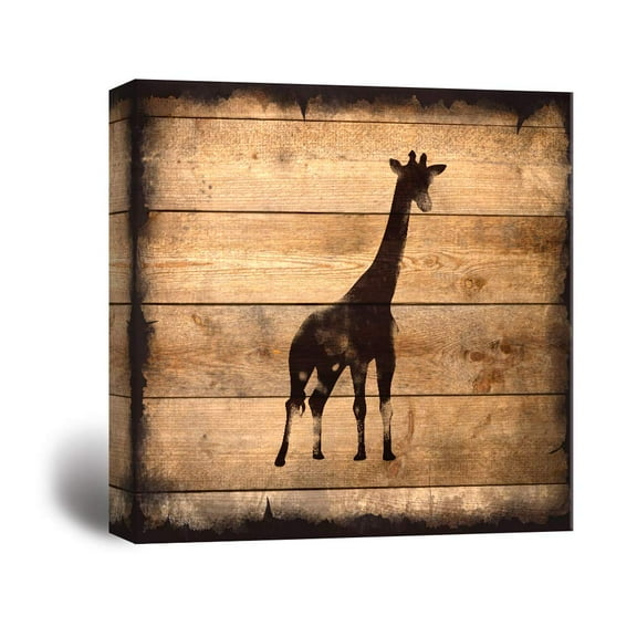 wall26 - Square Canvas Wall Art - Giraffe Silhouette on Rustic Wood Board Texture Background - Giclee Print Gallery Wrap Modern Home Art Ready to Hang - 12x12 inches