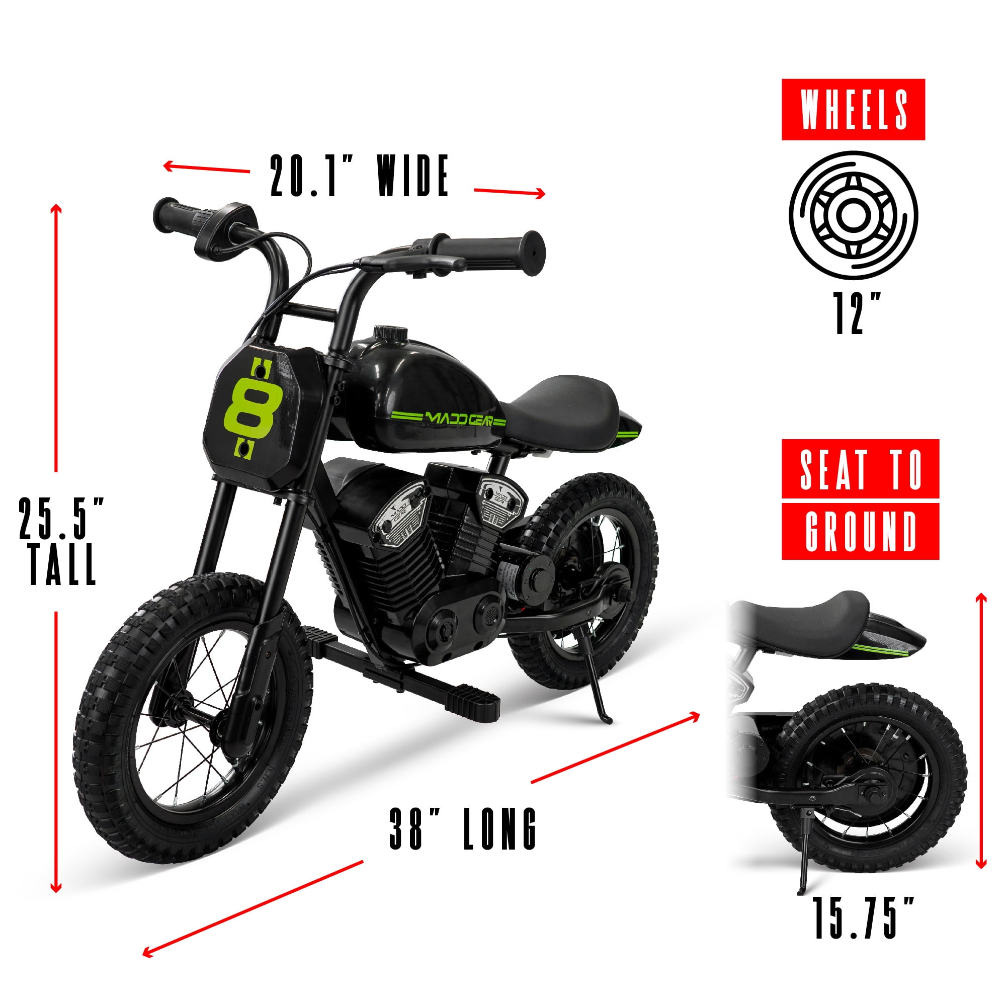 My 1st Mini Electric Dirt Bike by Madd Gear with 24-Volt Battery for Age 5-8 with a 10 mph Max Speed and 12" Wheels