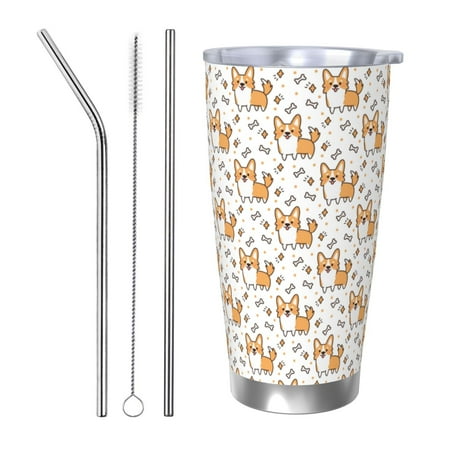 

Uemuo Corgi with Hearts Print Travel Coffee Mug 20oz Double-walled Car Cup Stainless Steel Insulated Tumbler Leak-proof Travel Cup Reusable Straw Car Cup-Straw Three-piece Set
