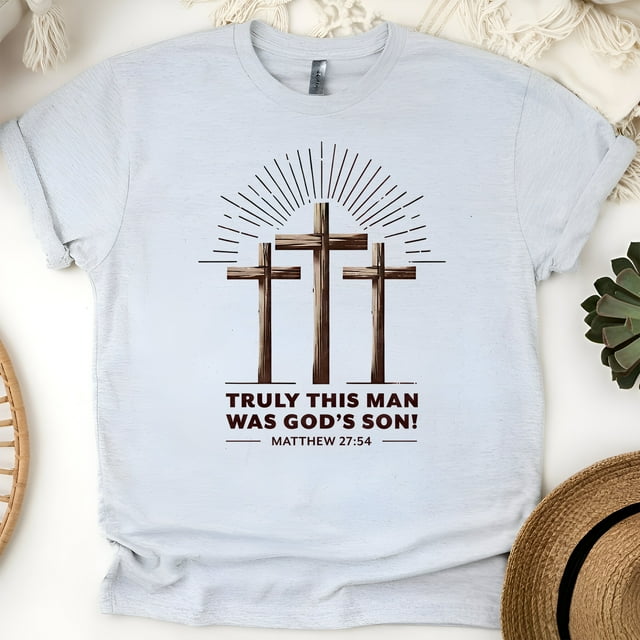 Matthew 27:54 Truly This Man Was God’s Son Christian Cross T-Shirt, Ash, Size M
