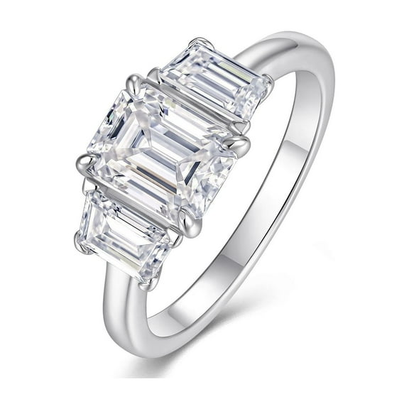 CKT Diamond 925 Sterling Silver Ring, 18K White Gold Plated, 2 Carat Emerald Cut Moissanite Women's Wedding Engagement Ring R15517