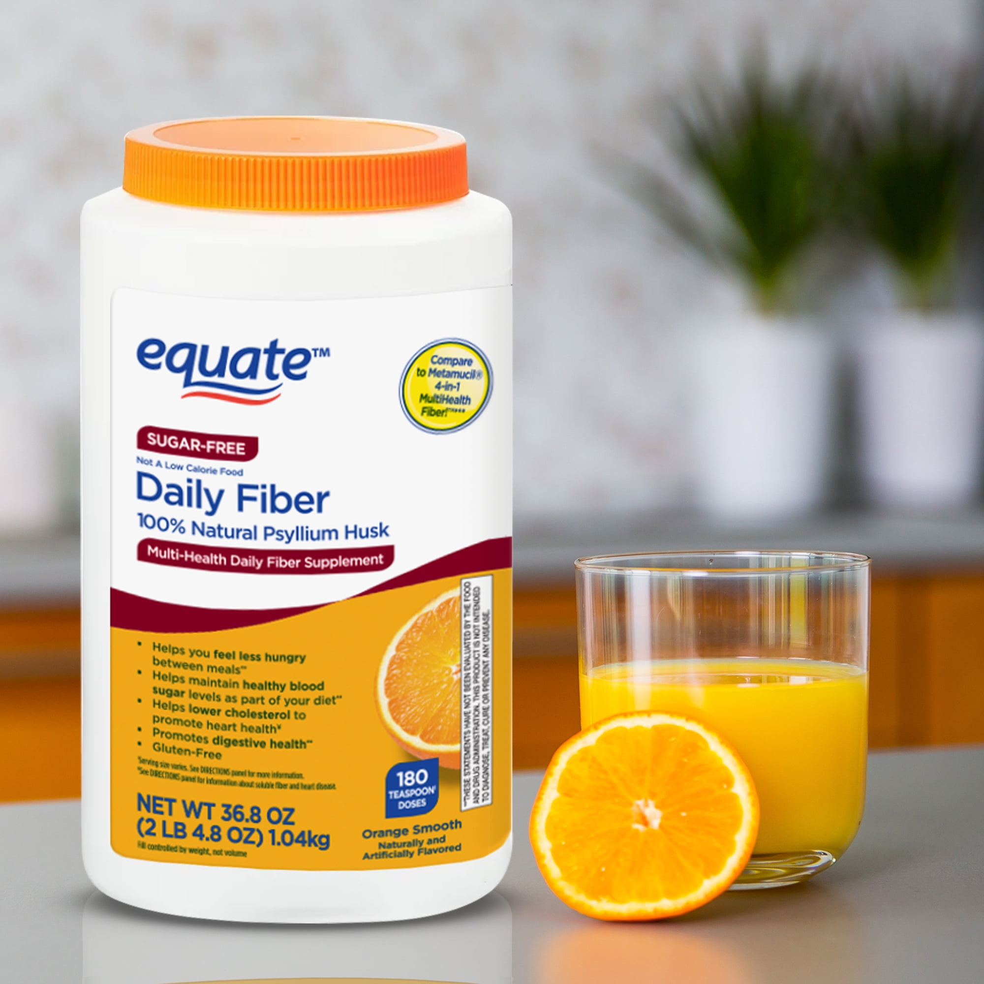 Equate Daily Fiber Supplement, Psyllium Husk Fiber Orange Powder, Sugar-Free 180 Doses