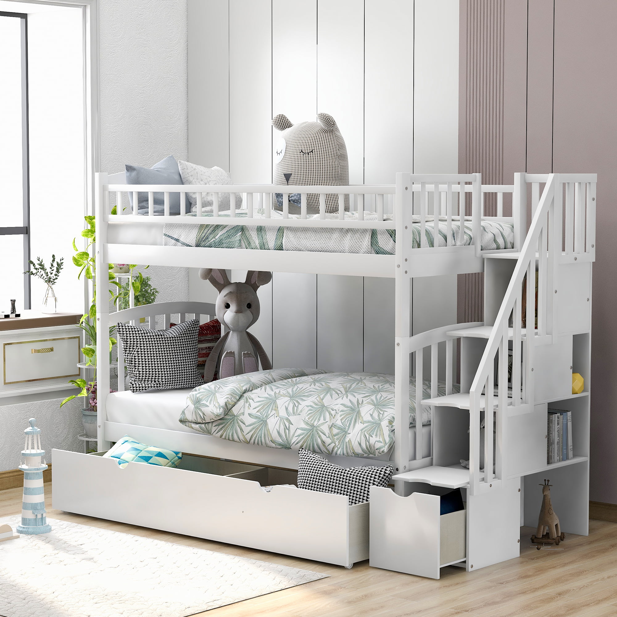Euroco Solid Wood Twin Over Twin Bunk Bed With Storage Drawers And