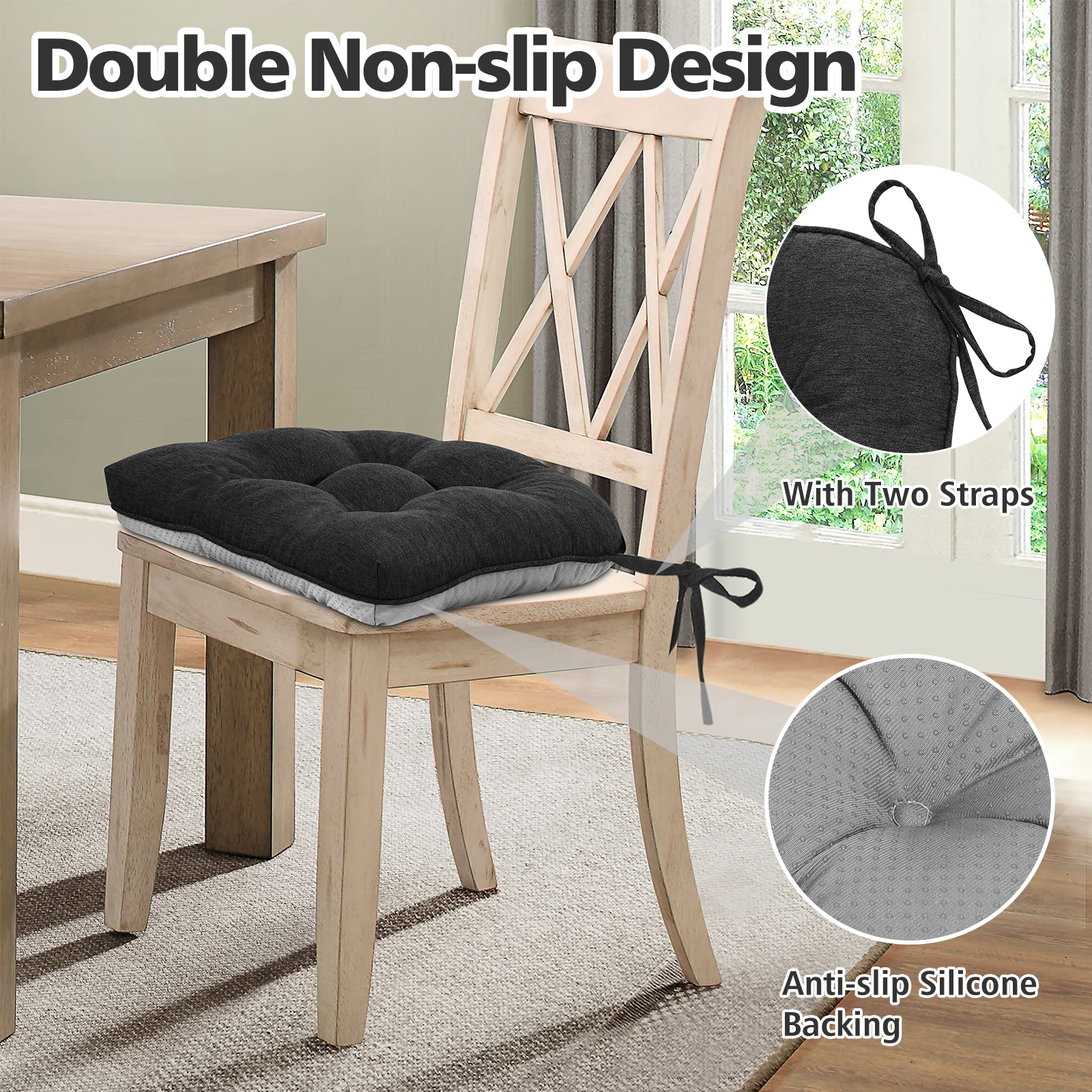 Shinnwa Chair Cushions for Kitchen Chairs Memory Foam Tufted Dining Chair Pads with Ties Non Slip Seat Cushions, Set of 4, Black