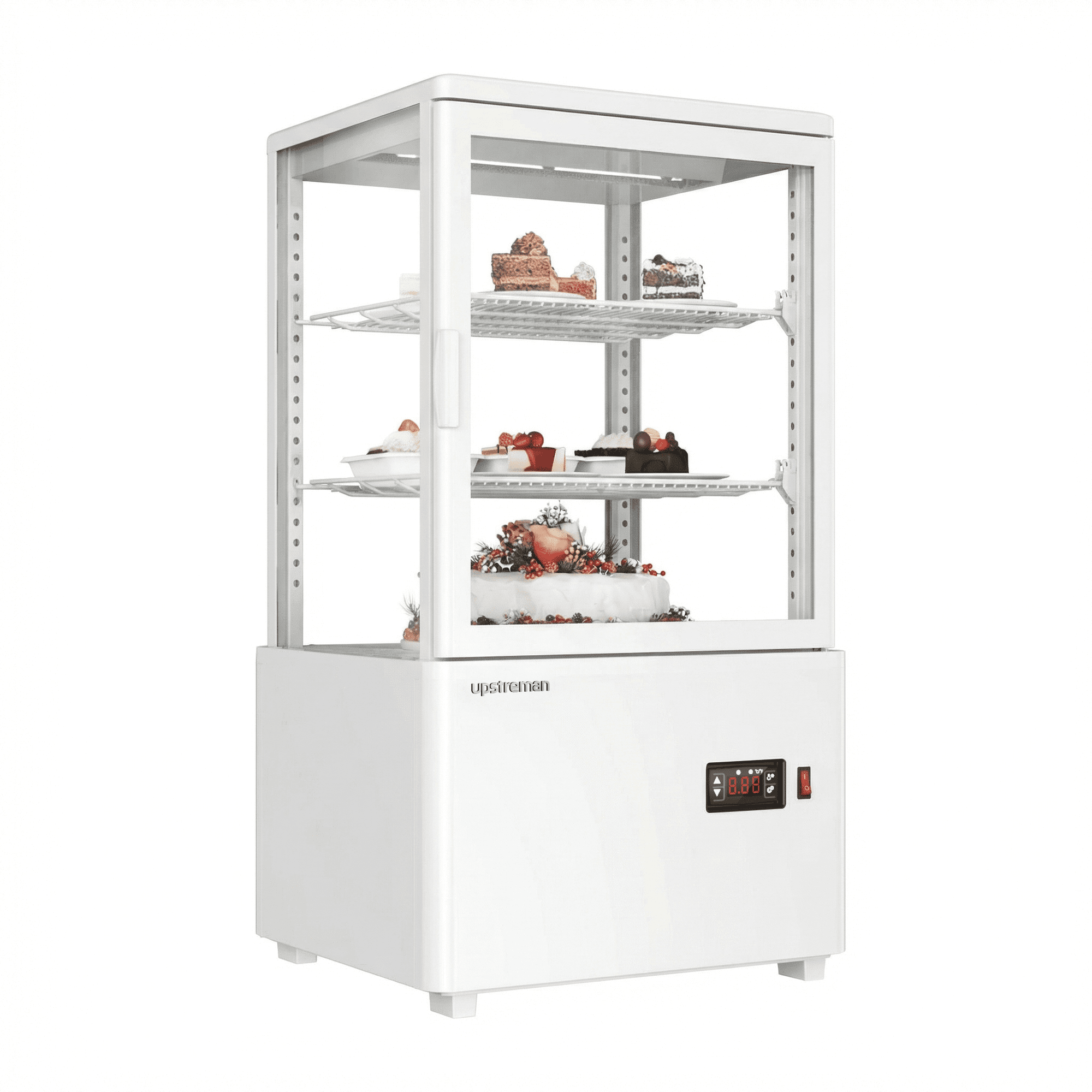 Upstreman Countertop Pastry Refrigerated Display Case, 2.0 Cu.Ft/56L Commercial Display Refrigerator 3-Tier Cake Fridge, CD20 White