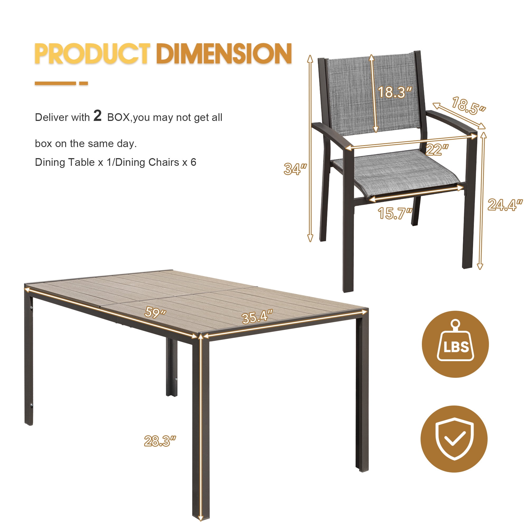 Devoko 7 Pieces  Outdoor Dining Set ,Patio Conversation Set Outdoor Furniture Set 6 Stackable Textilene Armchairs with Rectangular Table, Light Gray