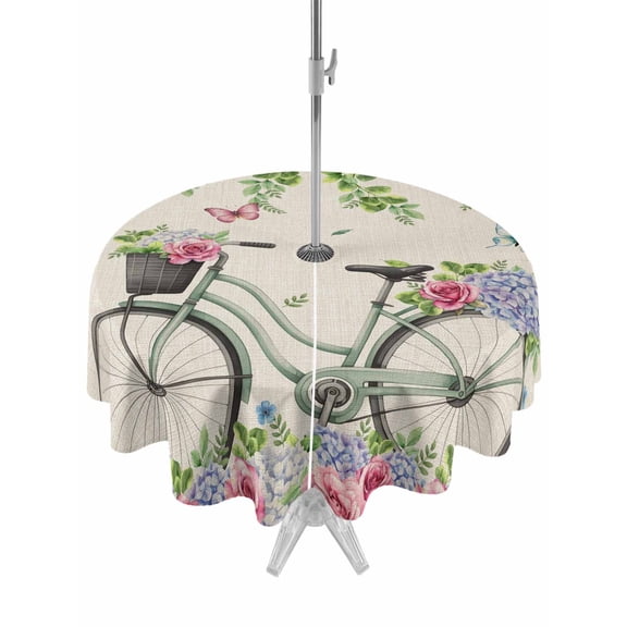 Outdoor Tablecloths with Umbrella Hole & Zipper, Farmhouse Spring Round Tablecloths 60 Inch, Retro Bicycles Flowers Vines Butterfly Waterproof Table Cloth, Patio/Pool/Picnic Table Covers