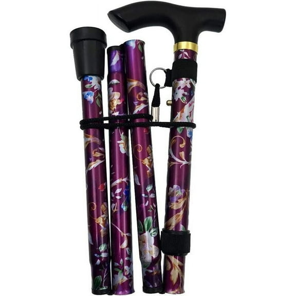 Purple Flower Folding Walking Stick Height Adjustable Foldable Walking Stick with Hand Strap and Rubber Ferrule for Home and Travel