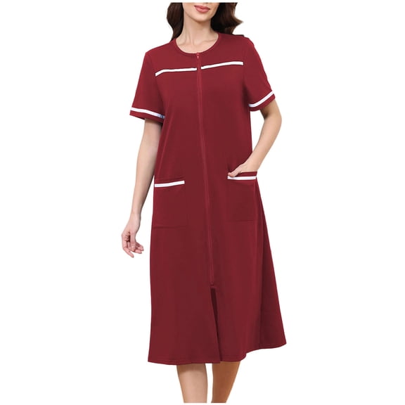 Besolor Nightgowns for Women Summer House Dress Zip Front Short Sleeve Sleepshirt Casual Loose Nightshirt with Pockets