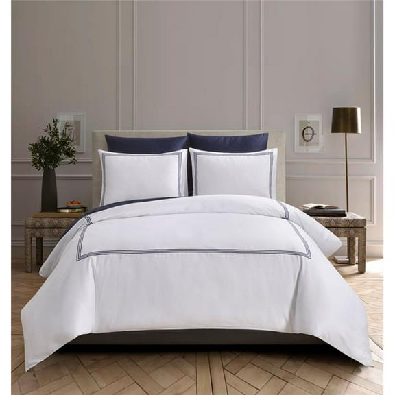 212 Main AH-NAVEM300-54 Aura Home White & Navy Embroidered Hotel Duvet Set, Full Size