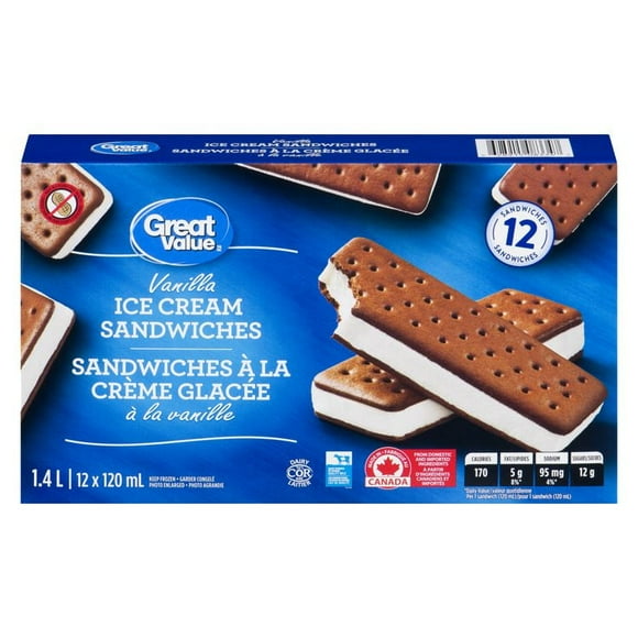 Great Value Vanilla Ice Cream Sandwiches, 12 x 120mL