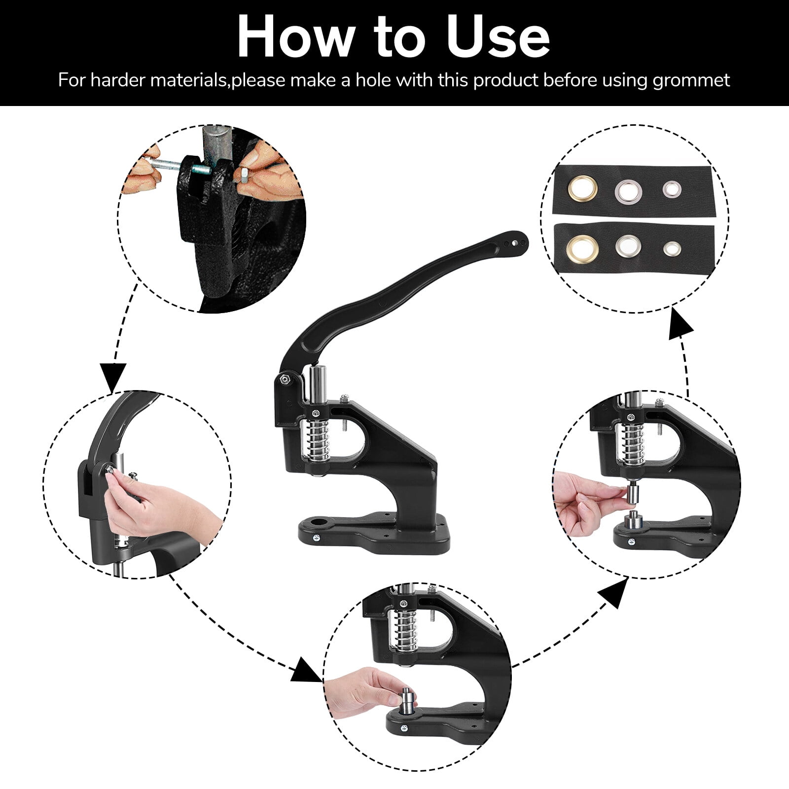 3000pcs Hand Press Grommet Machine, Heavy Duty Eyelet Grommet Machine Punch Tool Kit with Dies, Grommets, and Hammer for Snap Buttons, Rivets, Eyelets, and Pearls (Black)