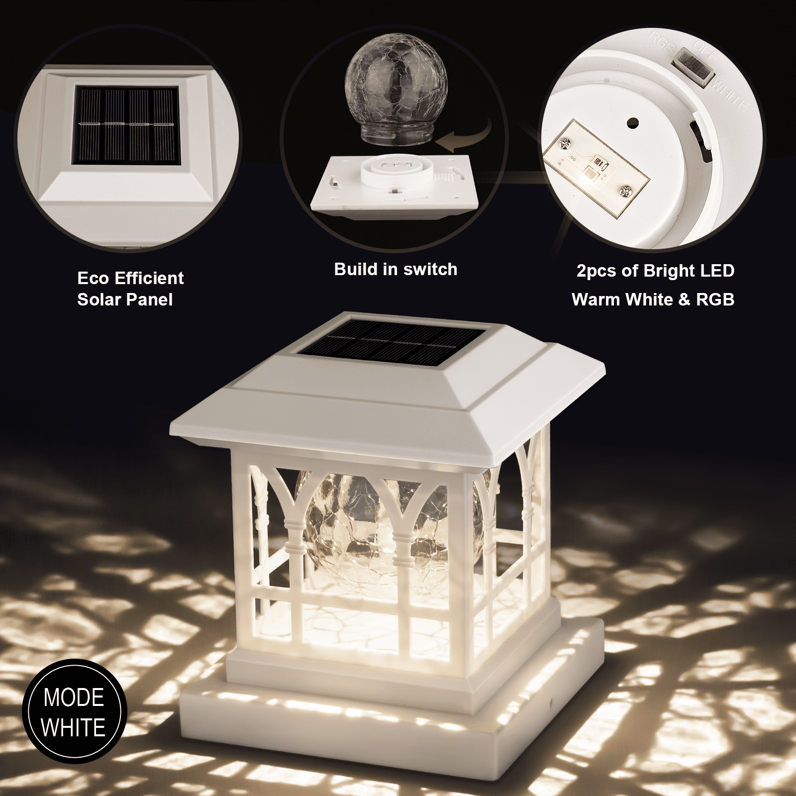 Liefgarden Solar Post Cap Lights Outdoor, RGB & Warm White 2 LED Lighting Mode 20 LM, Fits 3.6x3.6 4x4 4.5x4.5 5x5 Wooden Fence Deck Patio Garden. White (12 Pack)
