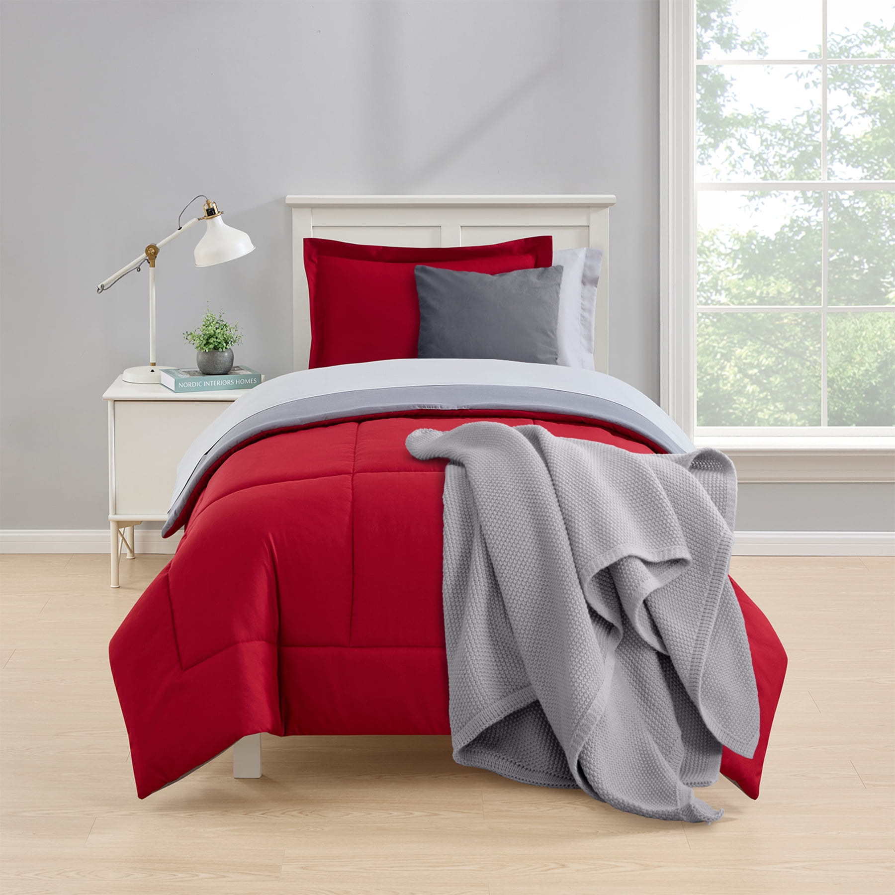 Mainstays All in One Reversible Comforter and Sheet set- 5 Piece, Twin, Red