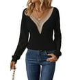 thumbnail image 3 of Womens Long Sleeve Sweaters Fall Trendy Lace V Neck Knit Drop Shoulder Pullover Sweater Jumper Tops Black XL, 3 of 9