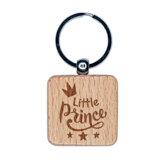 Little Prince Cursive with Crown and Stars Square Keychain Charm Tag - Engraved Wood