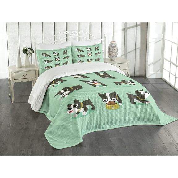 Ambesonne Boston Terrier Quilted Bedspread Set 3 Pcs, Playful Cartoon Dog, King Size, Charcoal Grey Mint Green