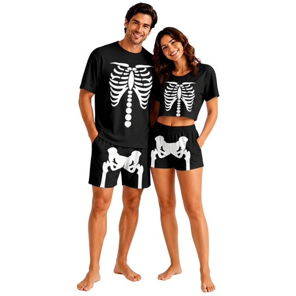 Halloween Pjs, Halloween Couple Matching Pajamas Set, Black Cool Skeleton Bone Print Short Sleeve Loungewear, Crop Top & Shorts Sleepwear, Soft Cozy Spooky Gothic Nightwear for Summer & Home Wear, L