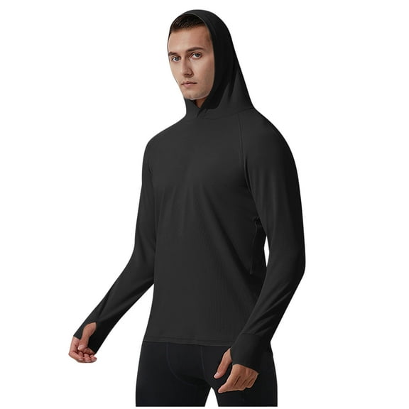 Stamzod Men's Ourdoor Athletic Hoodie Fashion Solid Color Long Sleeve Sweatshirt Casual Slim Fit Stretch Running Gym Workout Shirts for Men Black B XL