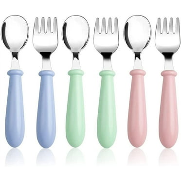 Wekvgz 6pcs Toddler Utensils Stainless Steel Baby Forks and Spoons Silverware Set Kids Silverware Children's Flatware Kids Cutlery Set Round Handle for LunchBox, 3 x Safe Forks,3 x Children Spoons