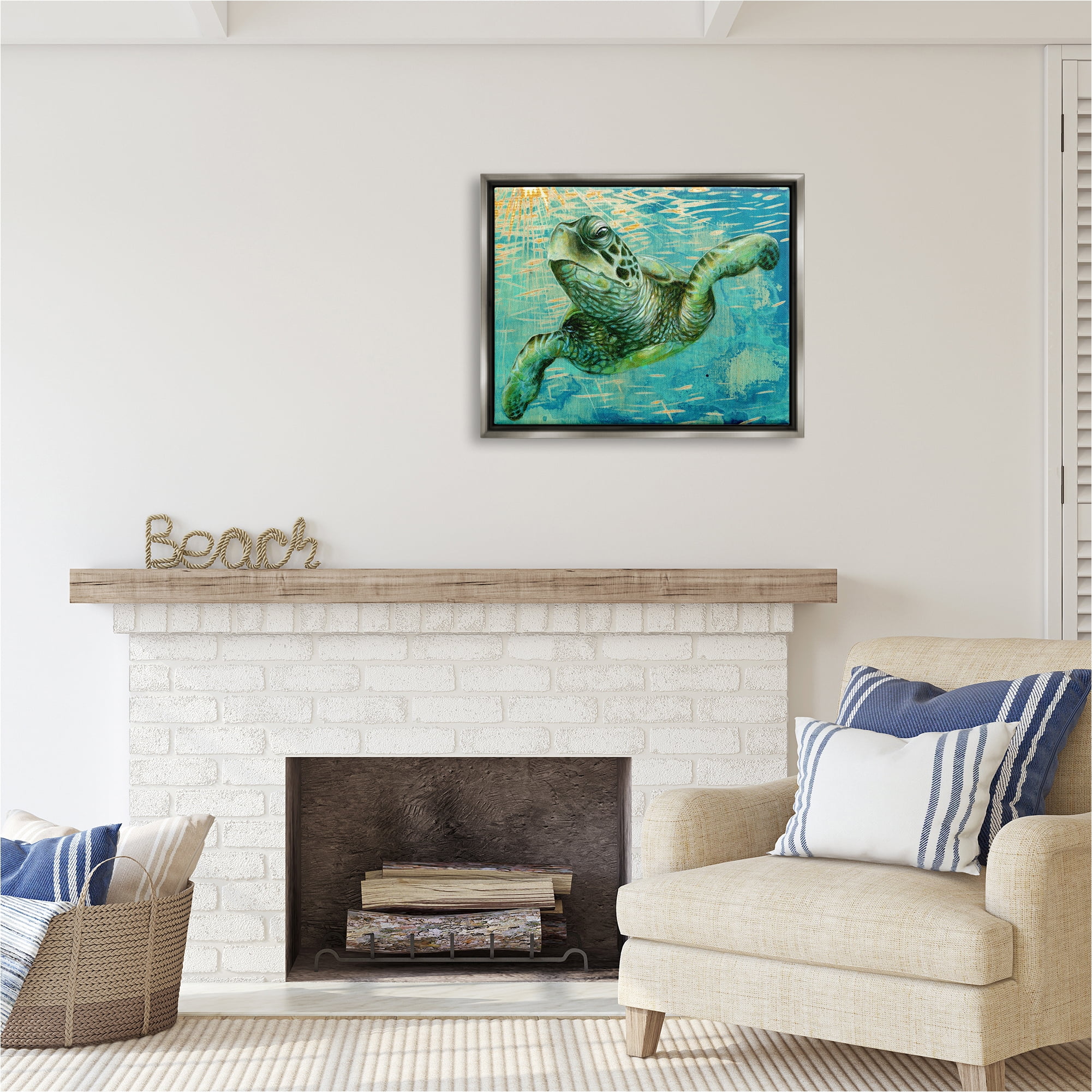 Stupell Industries Turtle & Abstract Rays Animals & Insects Painting Gray Floater Framed Canvas Art Print Wall Art, 31 x 25