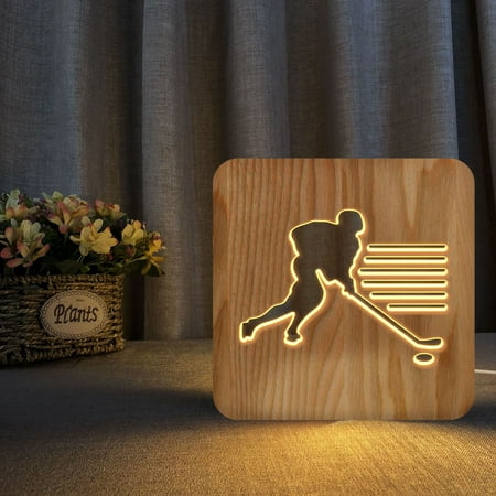 

Light Bulb Night Light For Play Ice Hockey Wooden 3D Lamp Creative Wooden Lights Simple Decorative Lights 3D Wood Carving Pattern LED Night Light