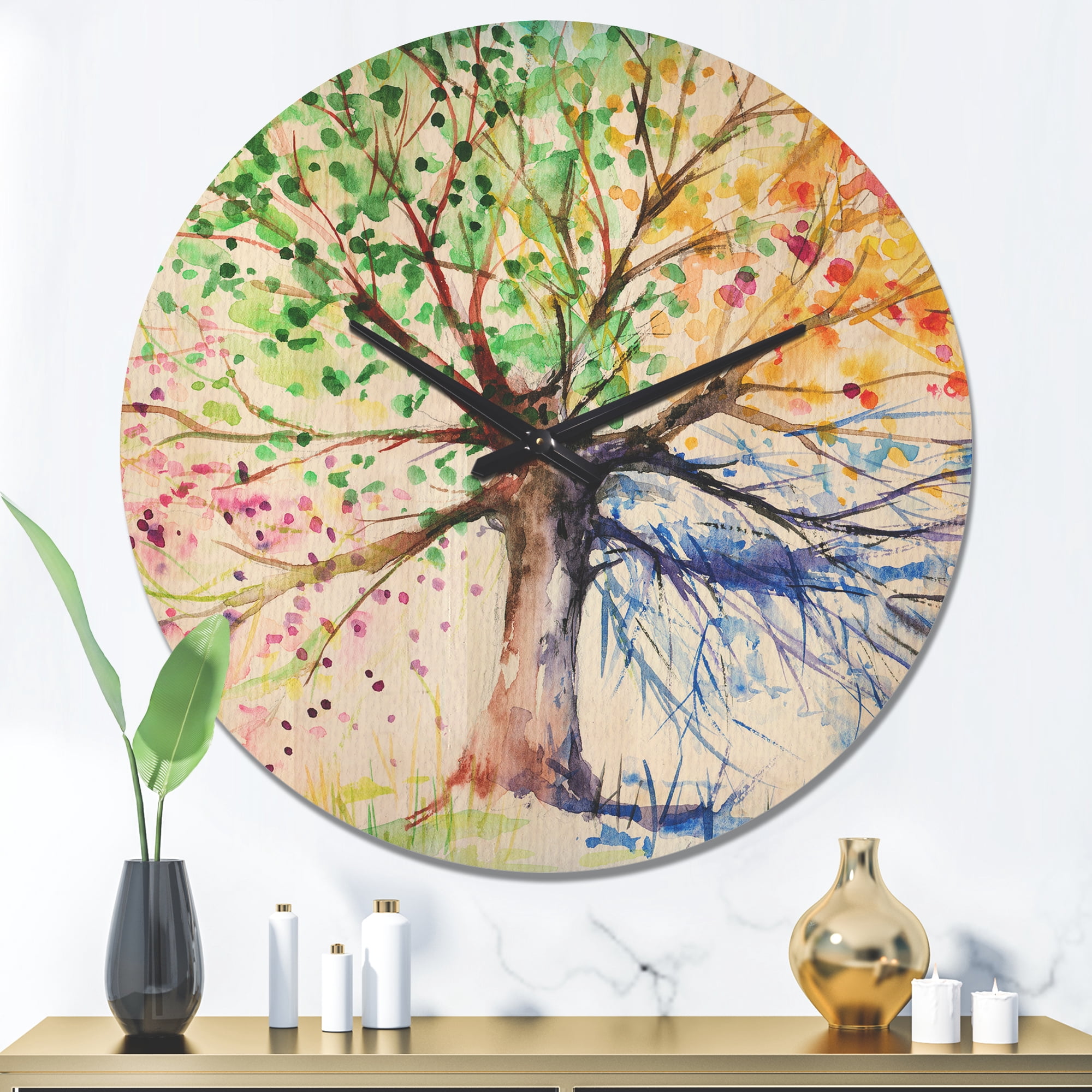Designart 'Four Seasons Four Color Tree ' Modern Wood Wall Clock